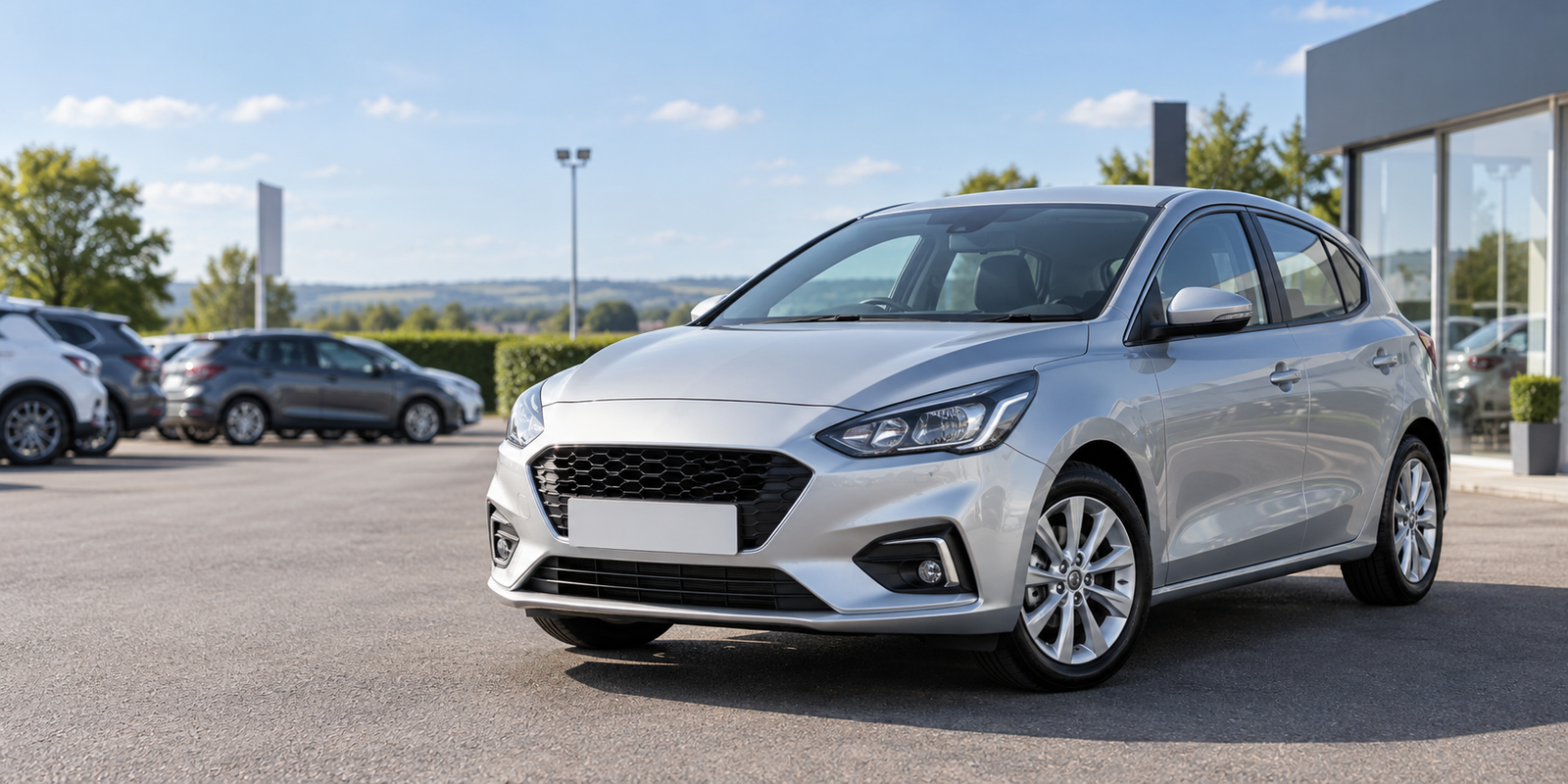Silver hatchback ready for sale on a forecourt