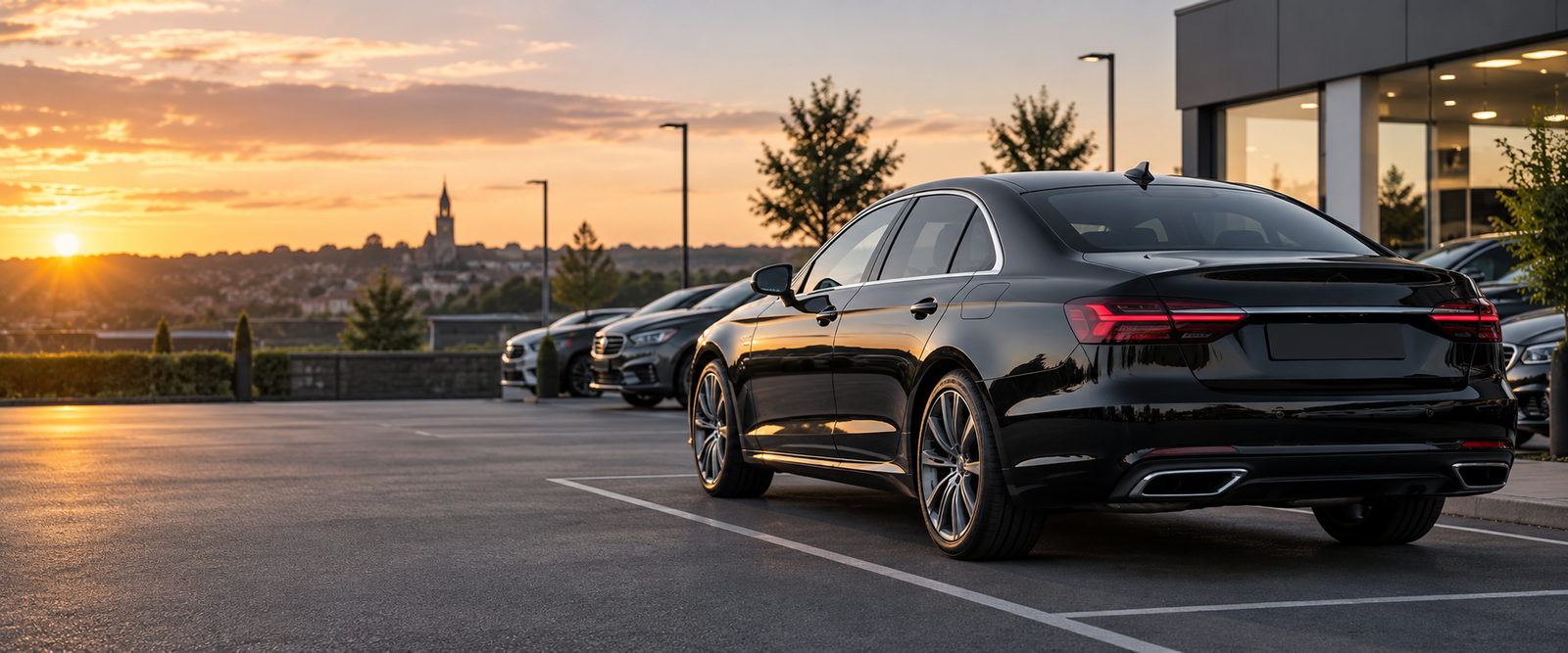 Black saloon parked at sunset on a dealership lot