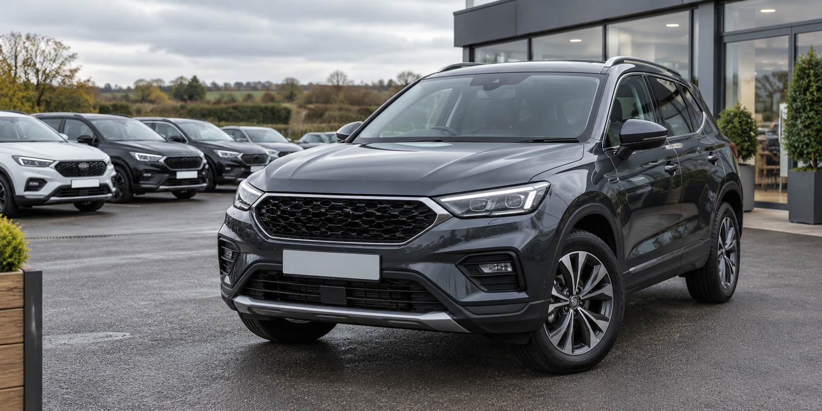 Graphite SUV on a dealership forecourt